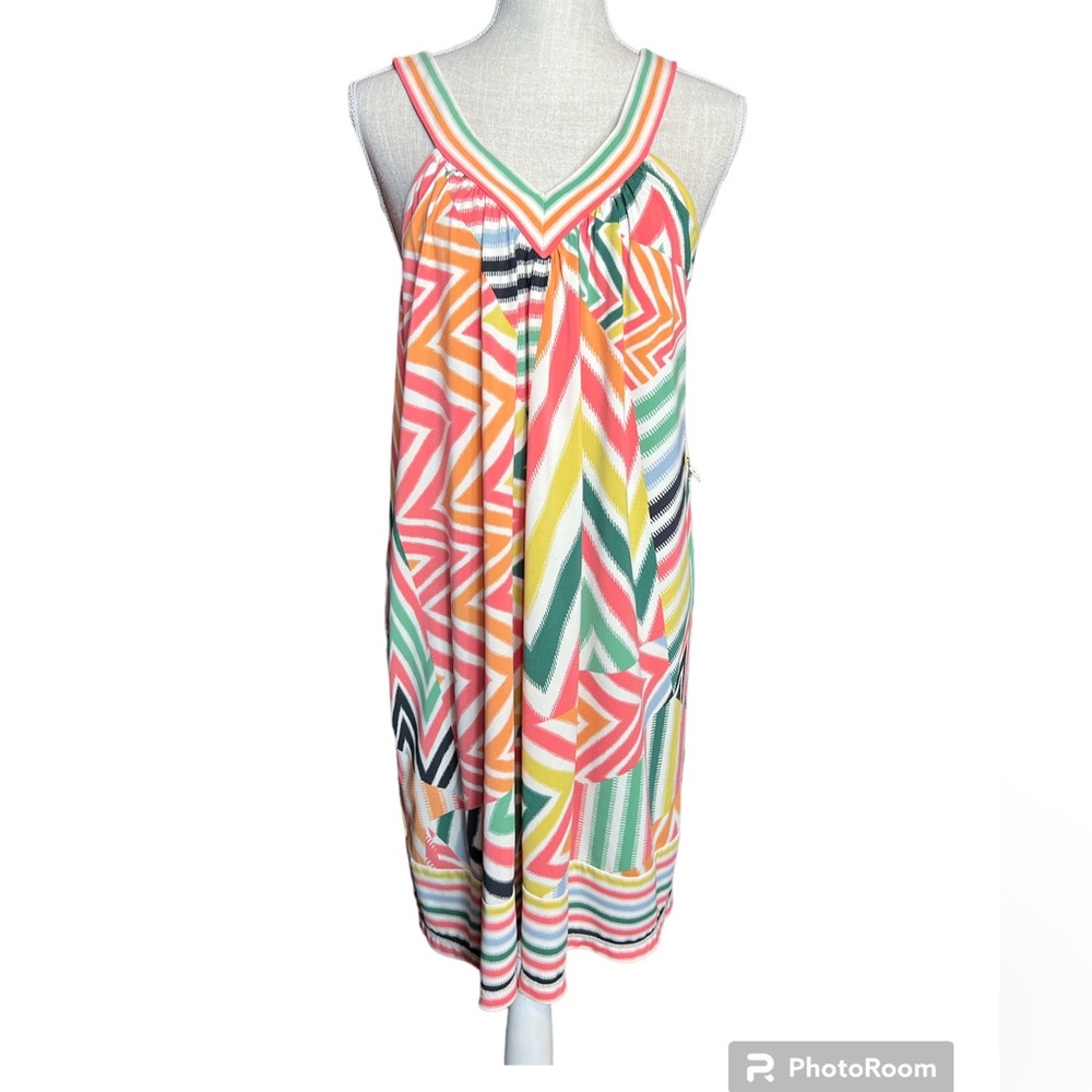 BCBG MAXAZRIA Chevron Colorful Orange, Pink, Green, White Sleeveless MIDI Dress